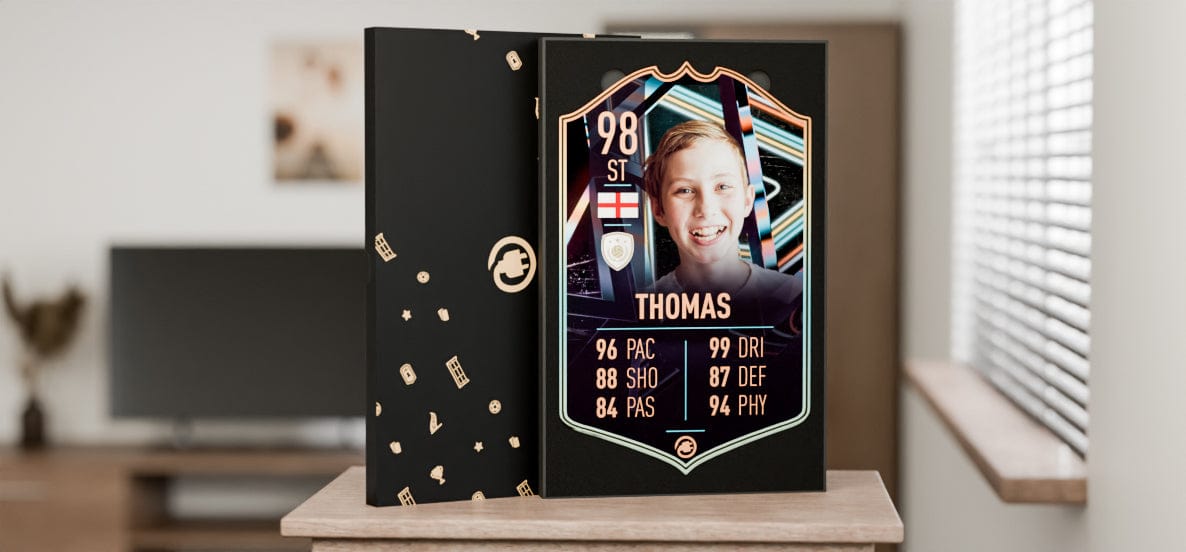 A personalised CardsPlug football card in luxury gift packaging